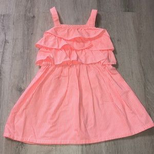 Coral and white seersucker dress